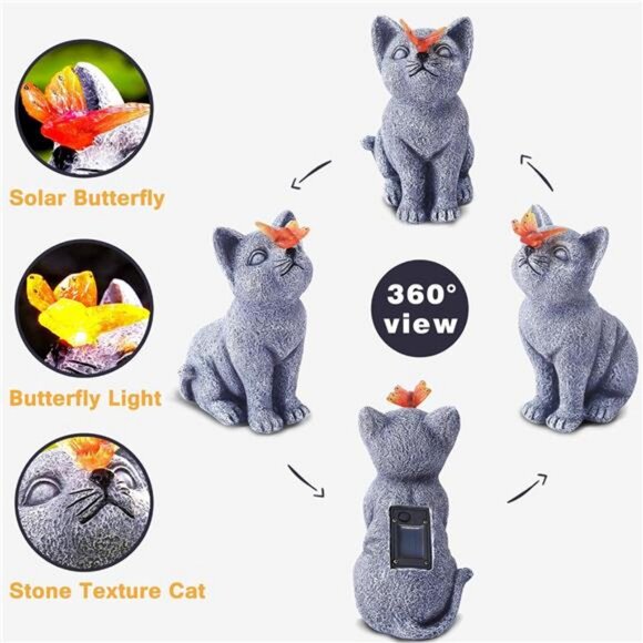 Solar Cat Garden Statue - Outdoor Cat Statue with Solar Butterfly - Picture 5 of 8